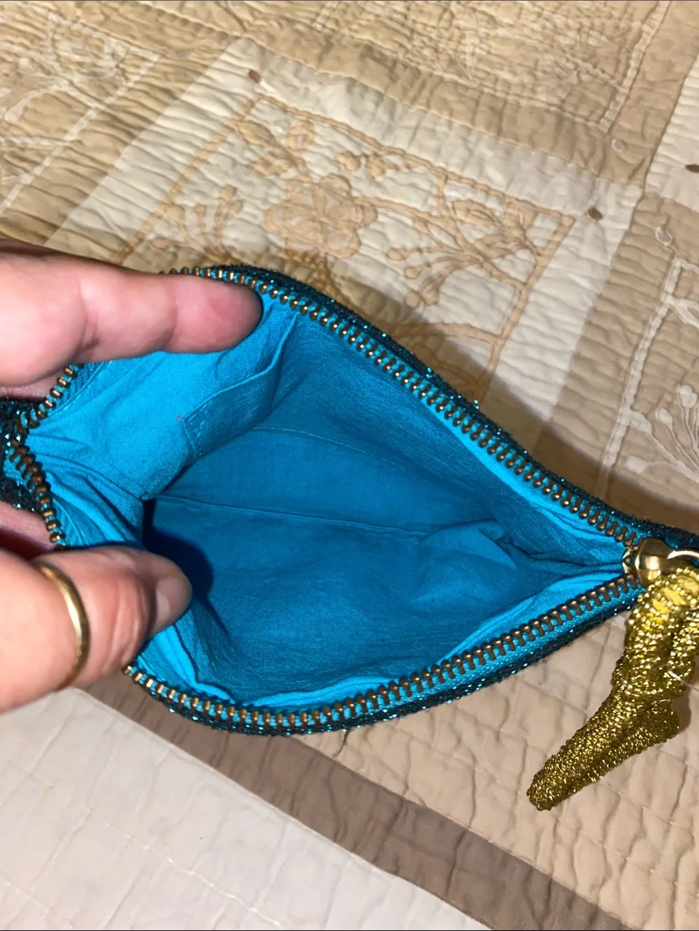 Vintage Teal Beaded Clutch with Embroidered Hummingbird